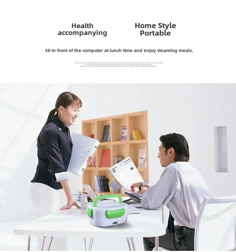 Office scene with two colleagues discussing papers at desk with portable electric lunch box