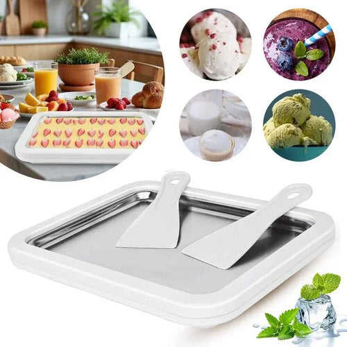 Stainless steel ice cream roll pan with spatulas surrounded by images of ice cream desserts and fresh ingredients