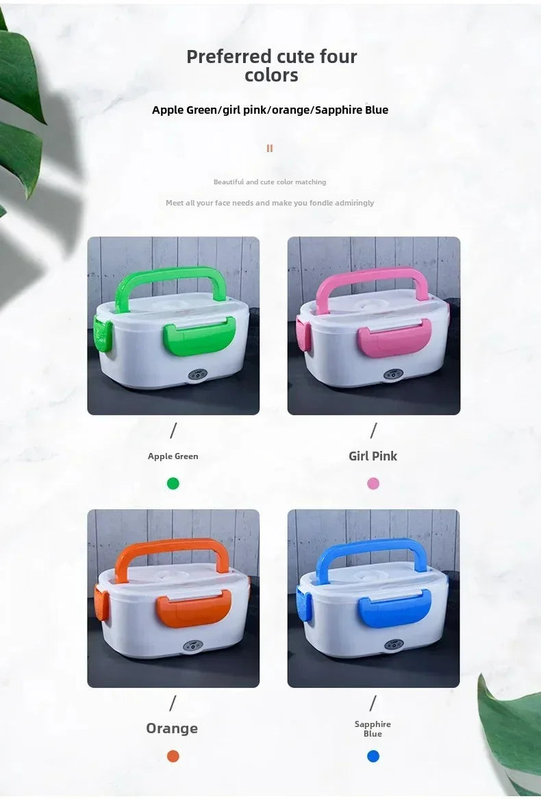 Electric lunch boxes in four colors: apple green, girl pink, orange, and sapphire blue with white base