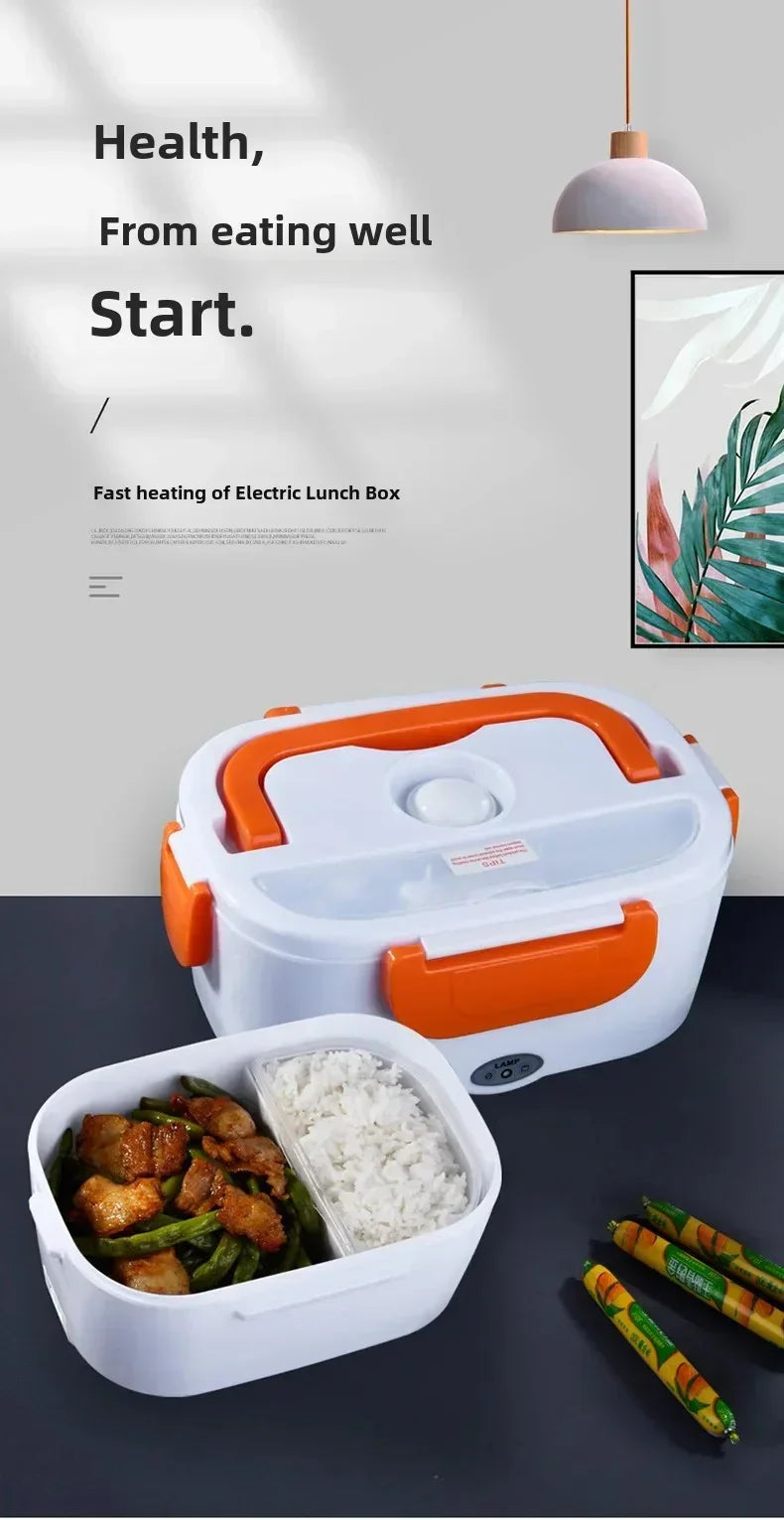 Electric lunch box with orange handles on dark surface, open to show rice and cooked vegetables with text about healthy eating