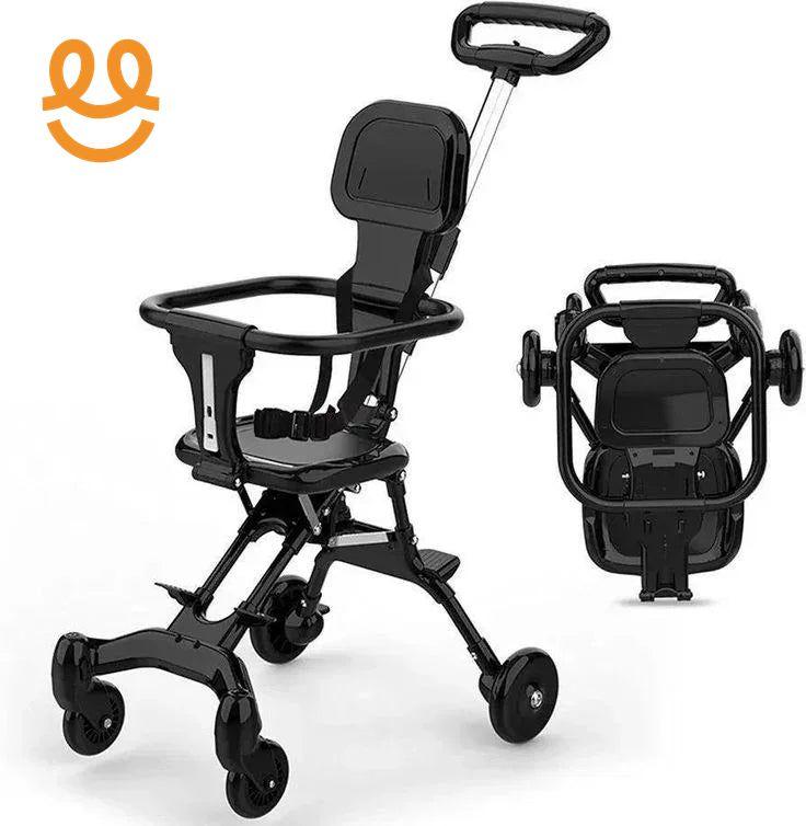 Black compact foldable stroller with safety harness and adjustable push handle, shown open and folded