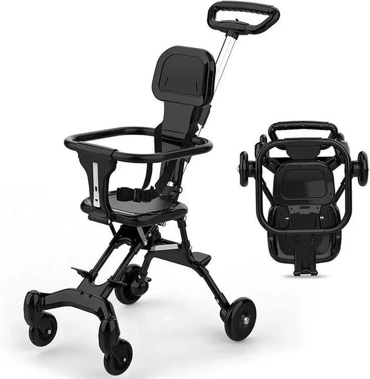 Black compact foldable stroller with safety harness and adjustable push handle, shown open and folded