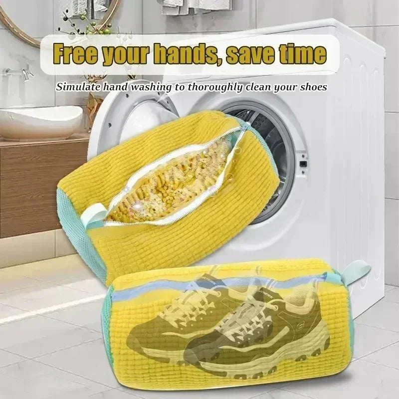Yellow shoe washing bag with zipper for front loading washing machine in modern bathroom