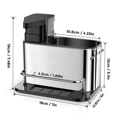 3-in-1 Kitchen Stainless Steel Tableware Soap Dispenser, Sponge Holder, Sink Organizer Drain Rack, Suitable for Kitchen Sinks
