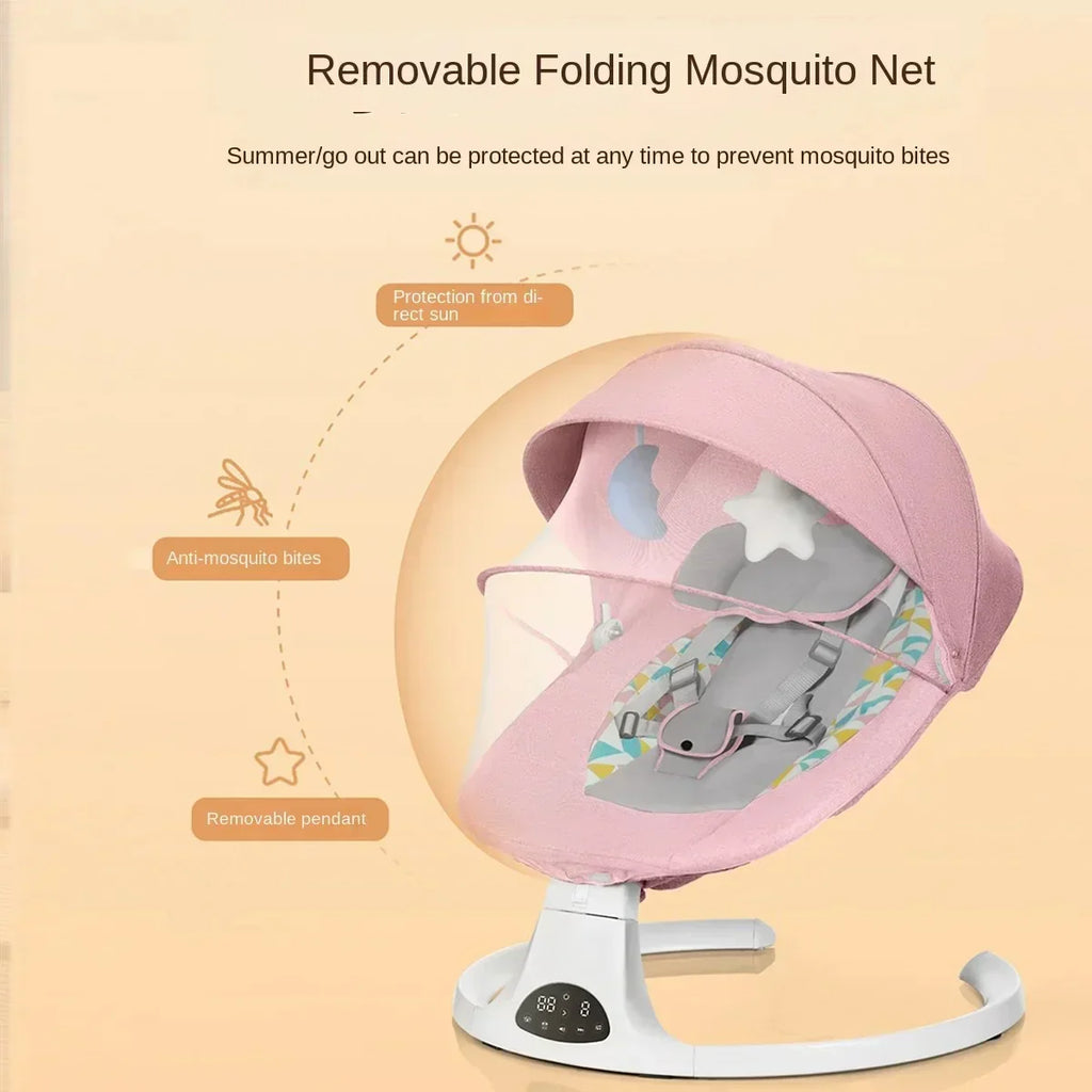 Pink baby rocker with removable folding mosquito net, anti-bite protection, and removable pendant