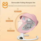 Pink baby rocker with removable folding mosquito net, anti-bite protection, and removable pendant