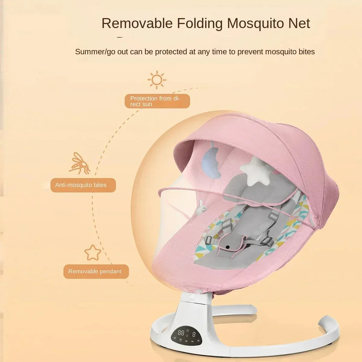 Pink baby rocker with removable folding mosquito net, anti-bite protection, and removable pendant