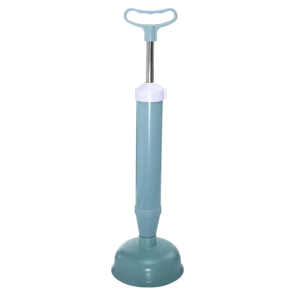 Blue and white manual toilet plunger with pump handle for drain unclogging