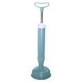 Blue and white manual toilet plunger with pump handle for drain unclogging