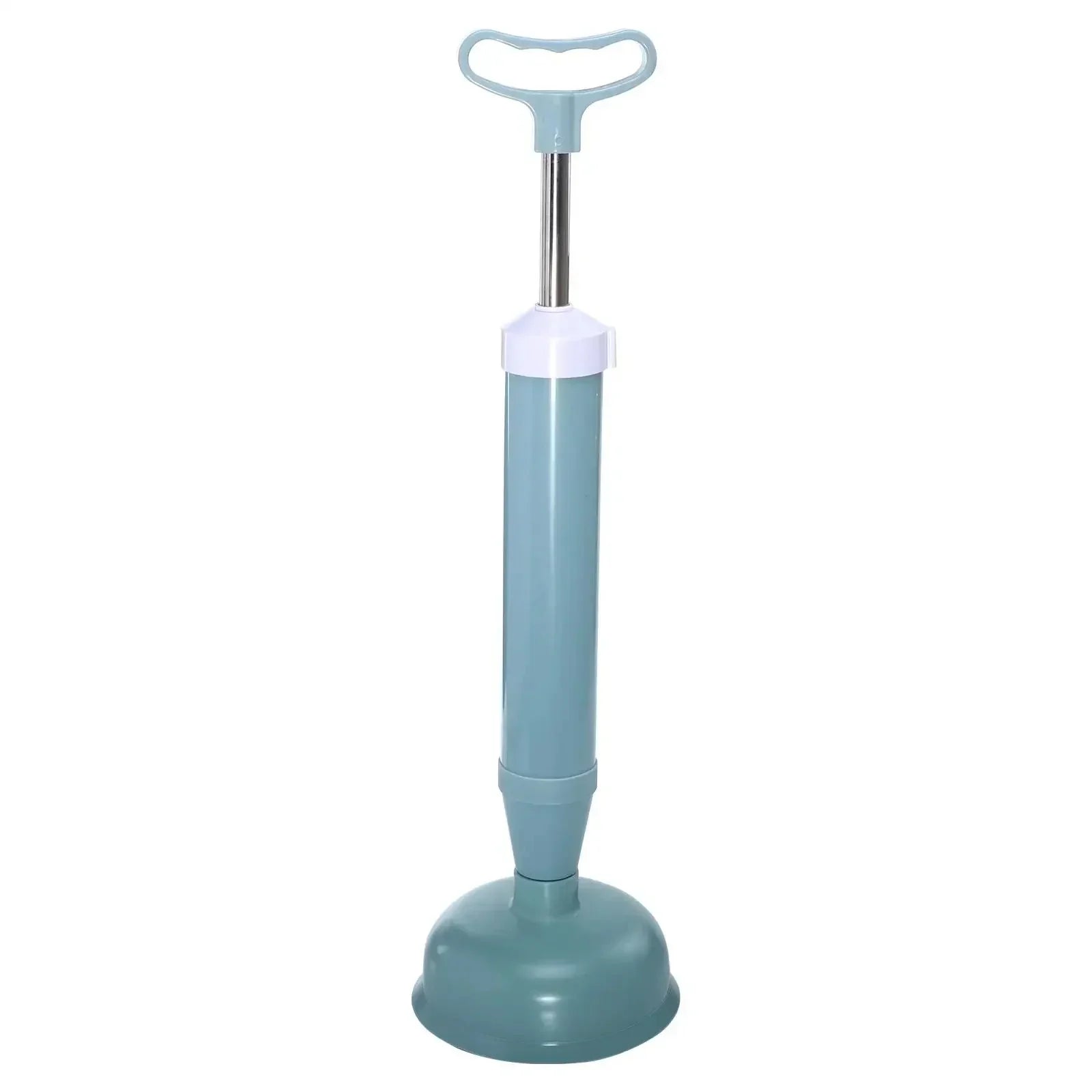 Blue and white manual toilet plunger with pump handle for drain unclogging