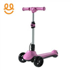 Pink three-wheel children's scooter with black wheels and adjustable silver handlebar on white background