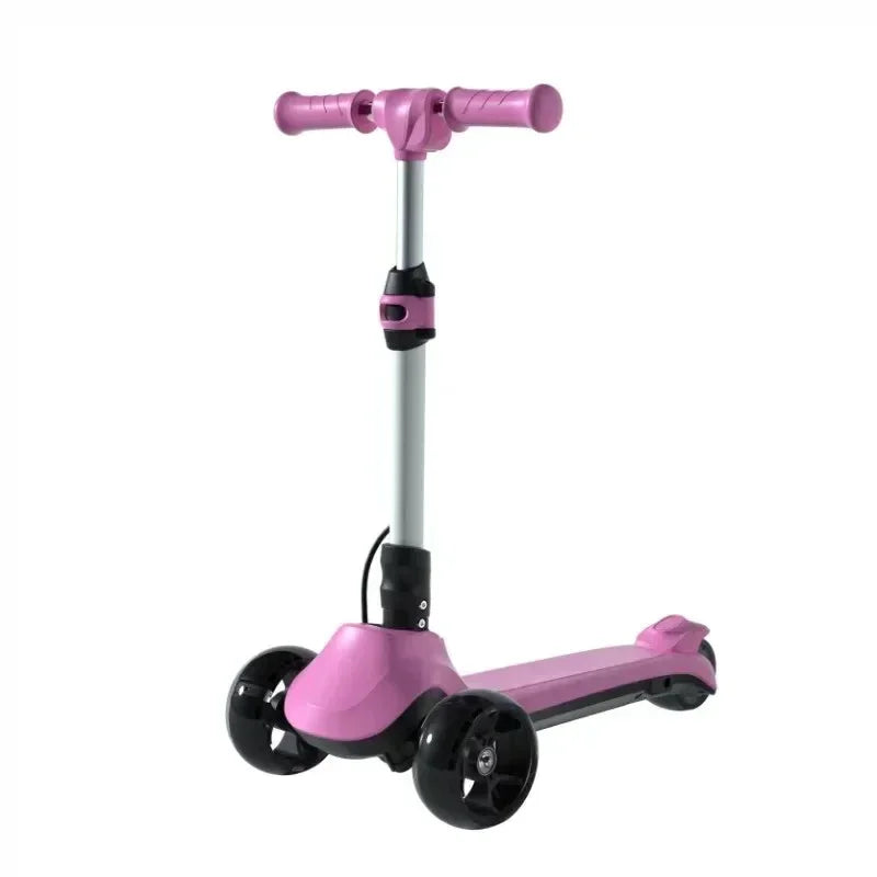 Pink three-wheel children's scooter with black wheels and adjustable silver handlebar on white background