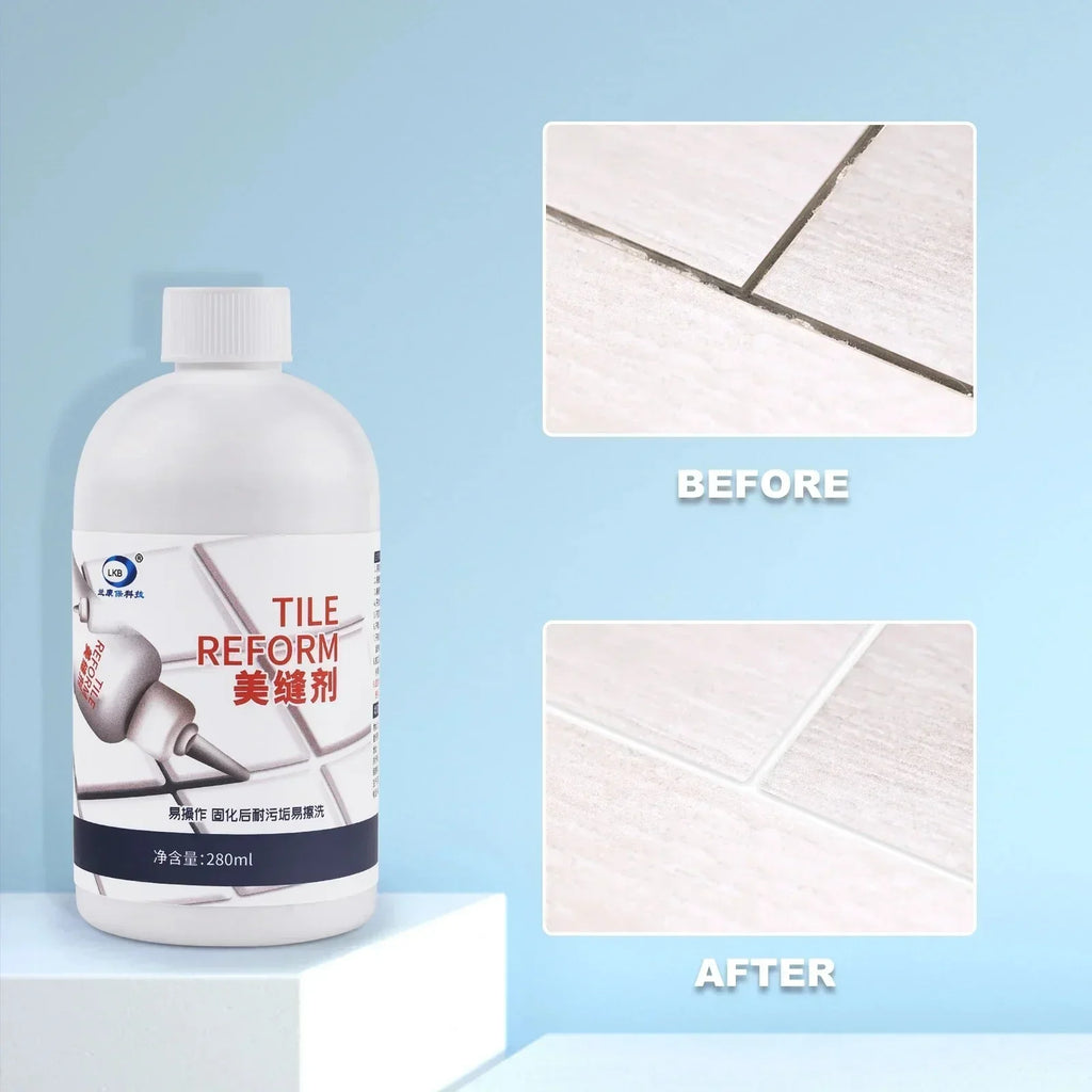Tile Reform grout cleaner bottle with before and after images showing dark to clean white tile grout restoration