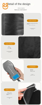 Close-up of black leather and velvet fabric, handheld control panel, and hand adjusting wide Velcro strap