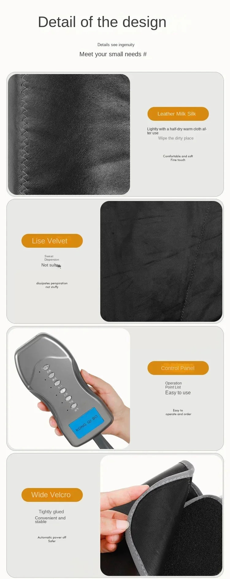 Close-up of black leather and velvet fabric, handheld control panel, and hand adjusting wide Velcro strap