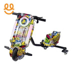 Colorful electric drift trike scooter with graffiti skull design and LED lights on white background