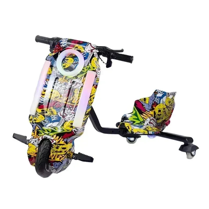 Colorful electric drift trike scooter with graffiti skull design and LED lights on white background