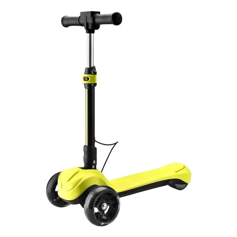 Yellow and black three-wheel kids scooter with adjustable handlebars on white background
