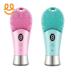 Pink and turquoise silicone electric facial cleansing brushes with digital display and power button