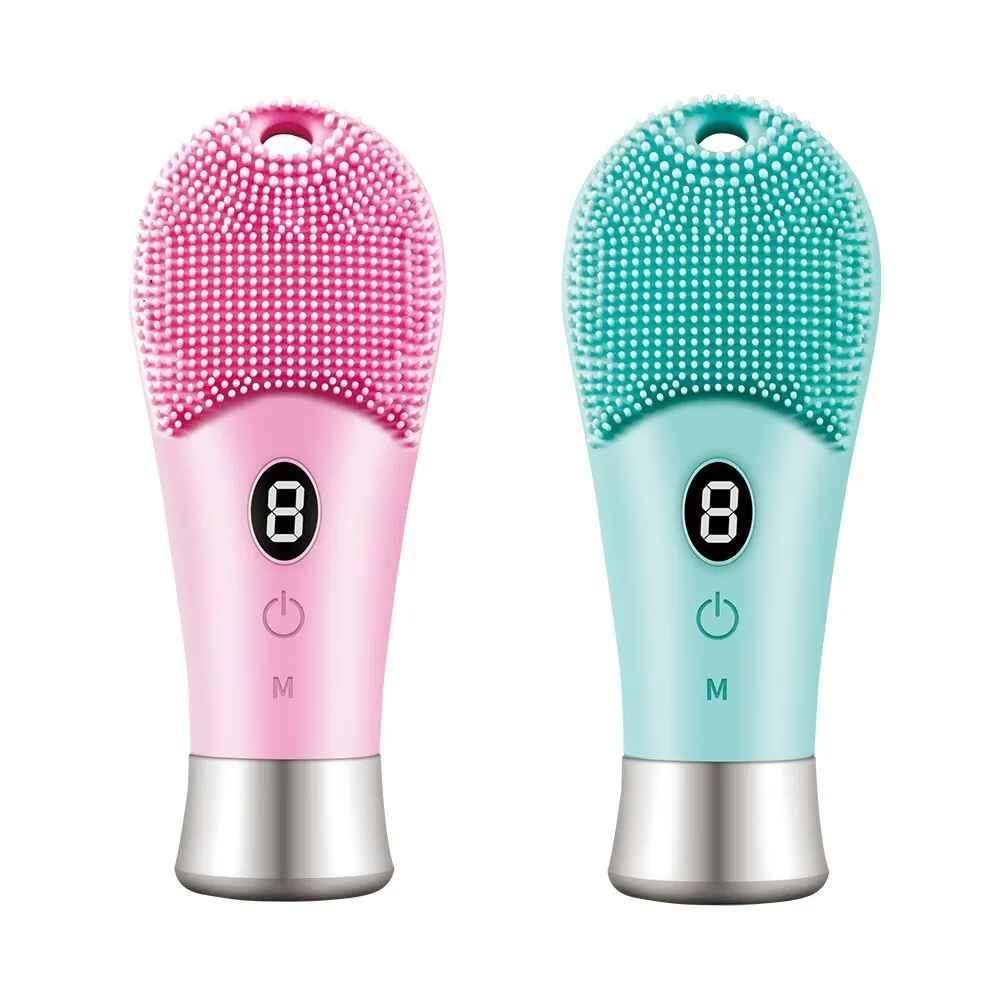 Pink and turquoise silicone electric facial cleansing brushes with digital display and power button
