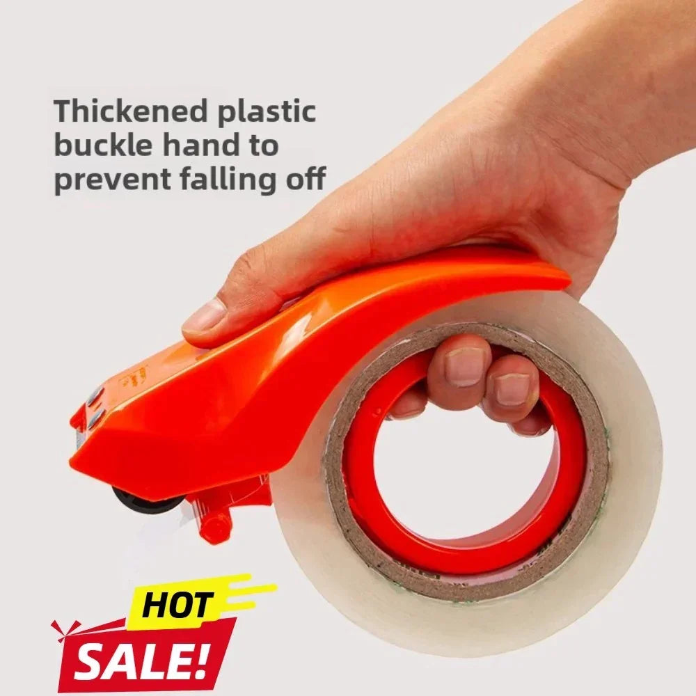 Hand holding orange plastic tape dispenser with clear packing tape, thickened buckle to prevent falling off