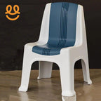 Modern white plastic chair with blue striped seat and backrest on wooden floor
