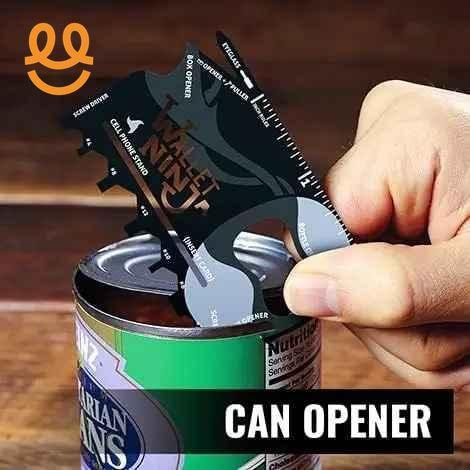 Multifunctional black street ninja metal tool opening a can of vegetarian beans