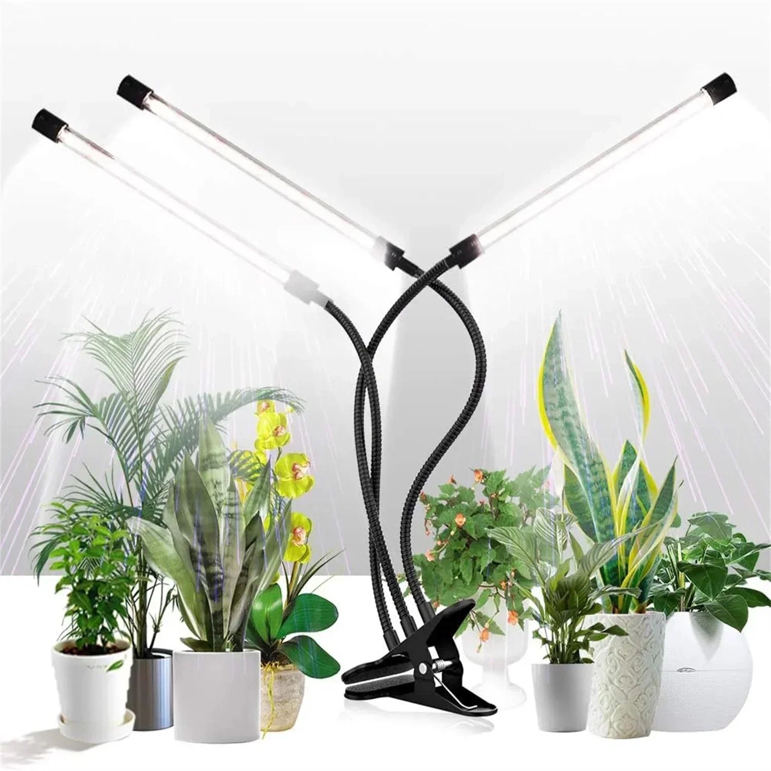 Dual clip-on LED grow lights with flexible arms illuminating indoor potted plants