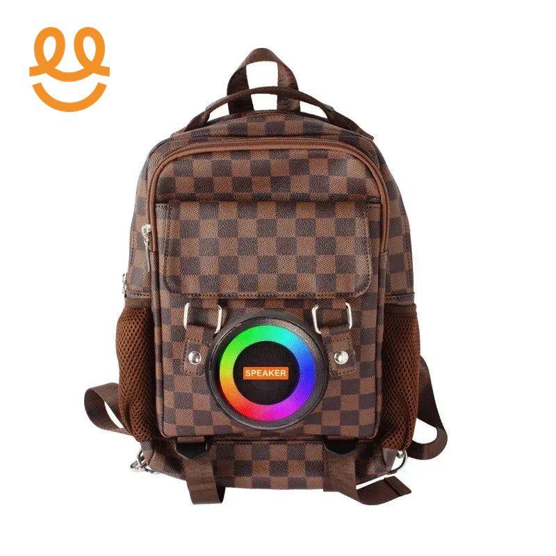 Brown checkered backpack with built-in colorful LED speaker on front pocket