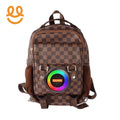 Brown checkered backpack with built-in colorful LED speaker on front pocket