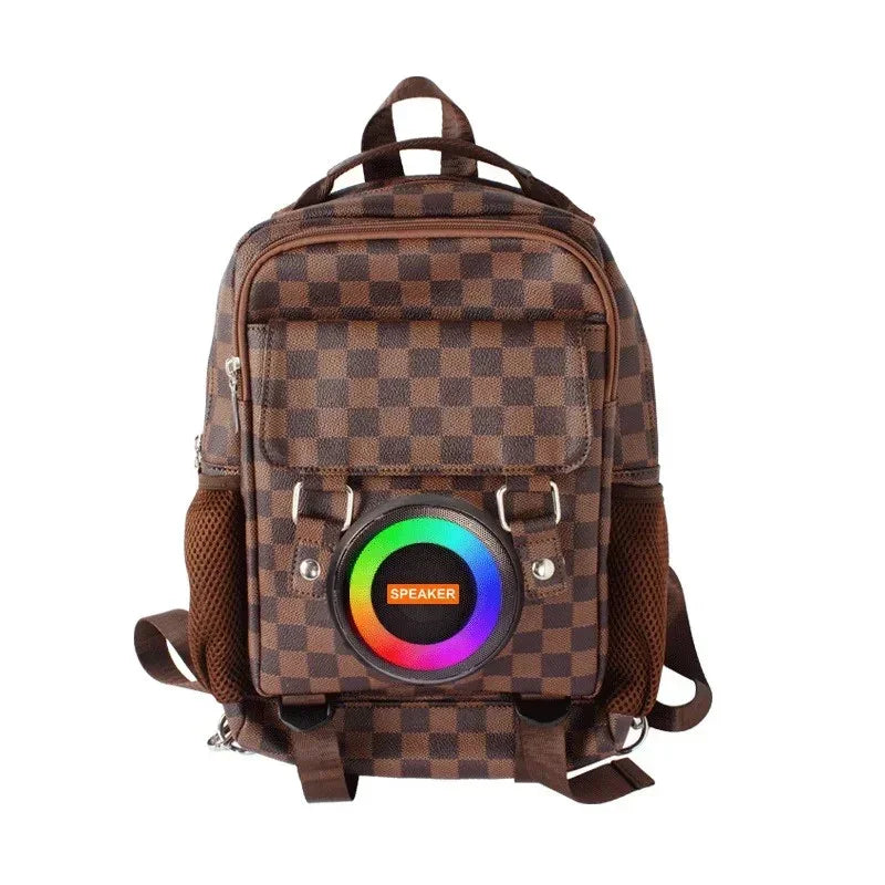 Brown checkered backpack with built-in colorful LED speaker on front pocket