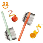Two handheld vegetable peelers with colorful handles peeling apple and orange fruits on white background