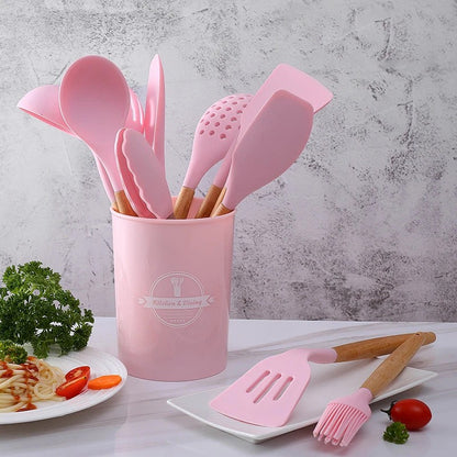 Food Grade Silicone Kitchen Cooking Utensils Practical Cooking Tools Turner Spatula Spoon With Wooden Handle Kitchenware