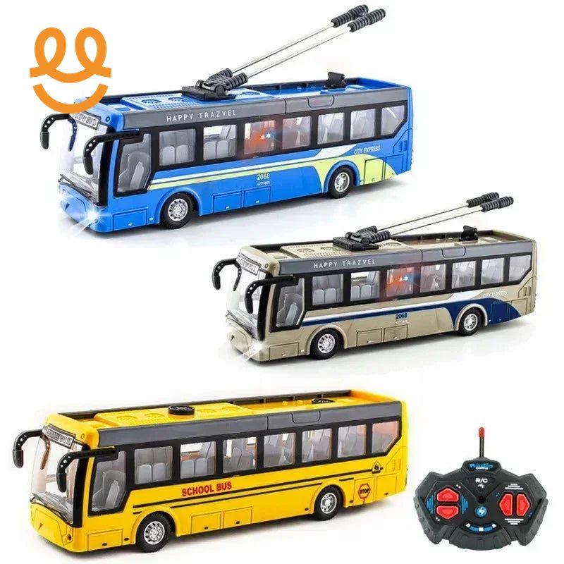 Three remote control toy buses in blue, beige, and yellow school bus design with black controller