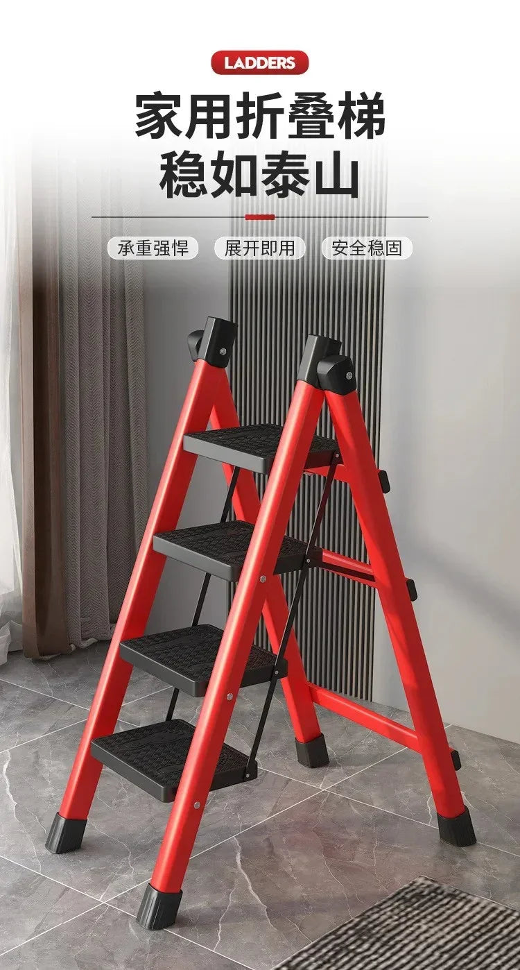 Red and black foldable home step ladder with four wide non-slip steps on gray tiled floor