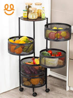 Black metal mesh tiered kitchen storage cart with fresh fruits, vegetables, and glass jars on wheels