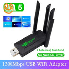 1300Mbps USB WiFi adapter with 4 antennas, dual-band, driver-free, compatible with Windows OS