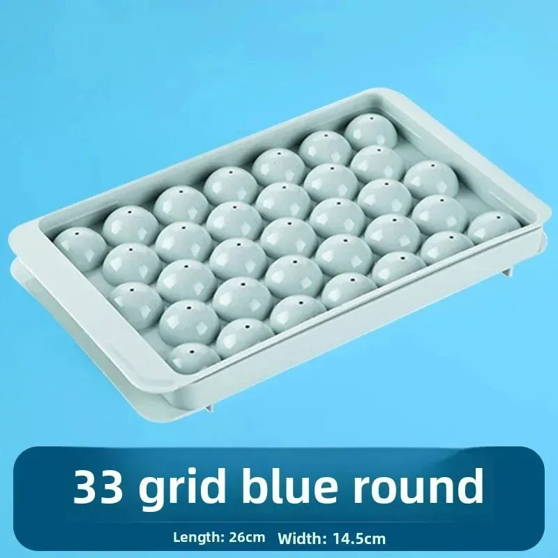 33-grid blue round silicone ice cube tray with 26cm length and 14.5cm width