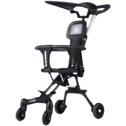 Compact black baby stroller with canopy, safety harness, and four wheels on white background
