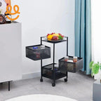 Black metal rolling storage cart with mesh baskets holding jars and a fruit plate in modern room