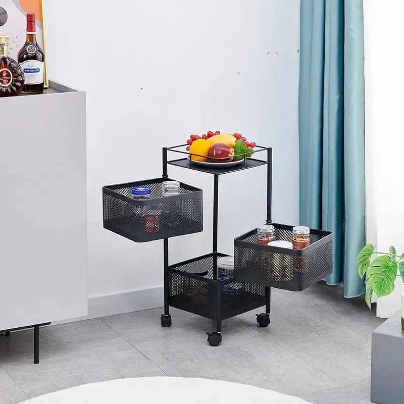 Black metal rolling storage cart with mesh baskets holding jars and a fruit plate in modern room