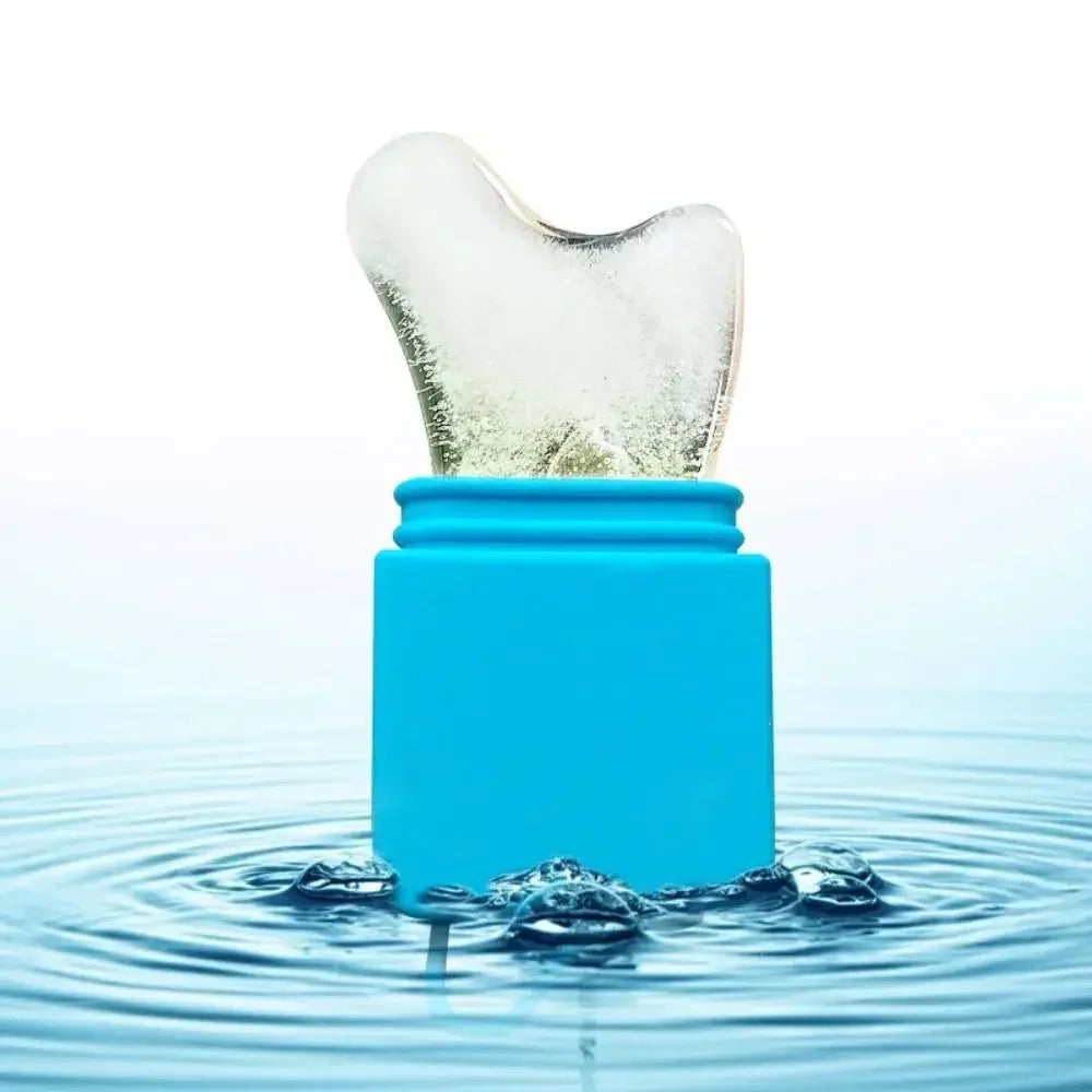 Blue container with a clear ice sculpture shaped like a tooth dripping in water ripples