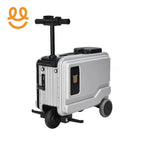 Silver electric ride-on suitcase with handlebar and three wheels for easy travel