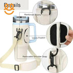 Travel tumbler with light blue handle, beige removable shoulder strap, reinforced seams, and Velcro fixation