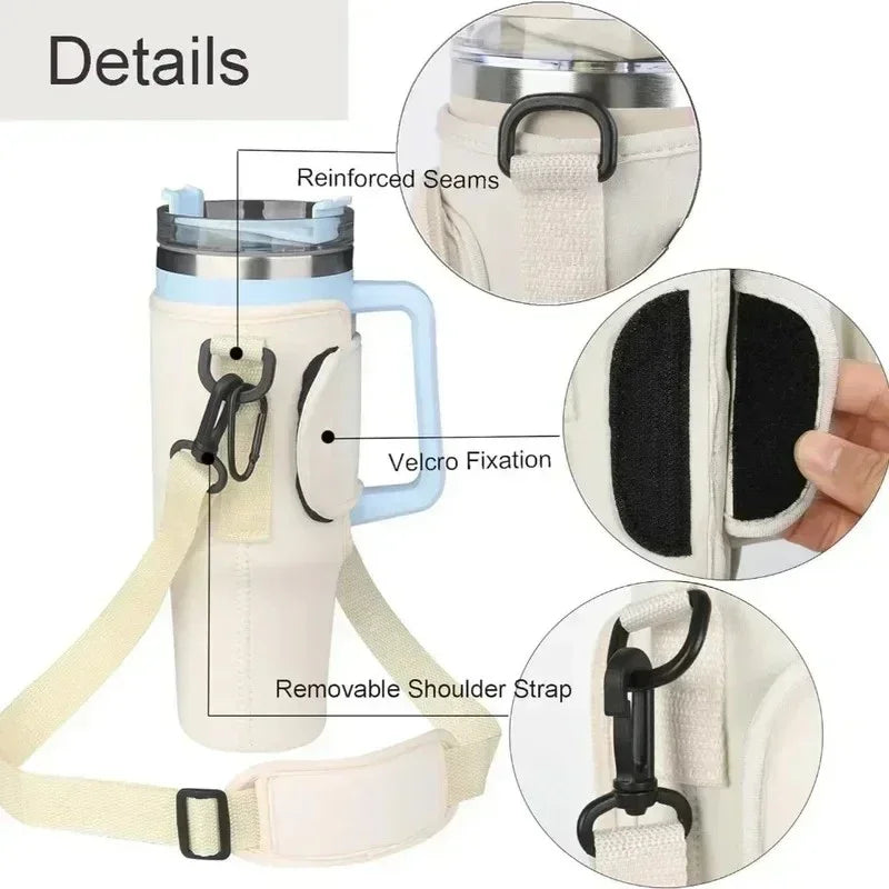 Travel tumbler with light blue handle, beige removable shoulder strap, reinforced seams, and Velcro fixation