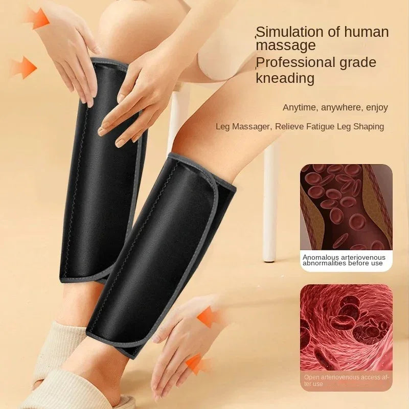 Person wearing black leg massagers simulating human massage and professional-grade kneading