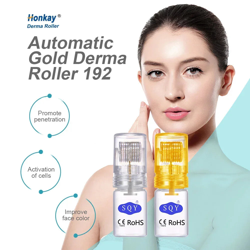 Automatic Gold Derma Roller 192 with clear and gold heads, promotes penetration, activates cells, improves face color