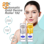 Automatic Gold Derma Roller 192 with clear and gold heads, promotes penetration, activates cells, improves face color