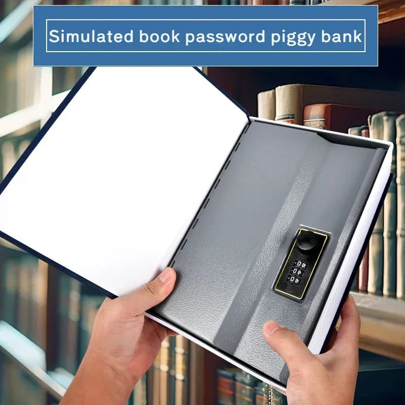 Person holding a simulated book safe with combination lock inside, on a bookshelf background