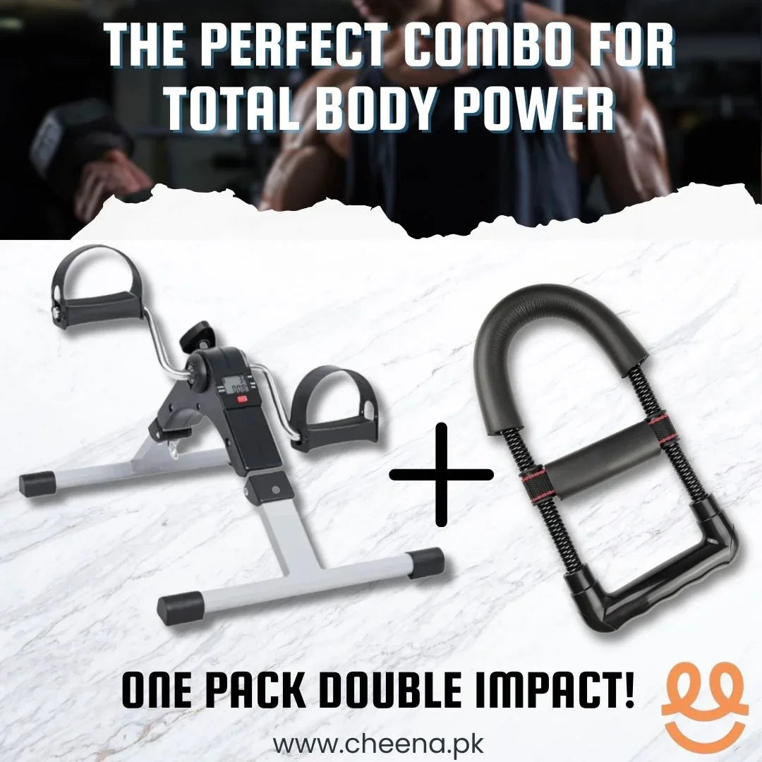 Combo of mini exercise bike and hand grip strengthener for total body power workout